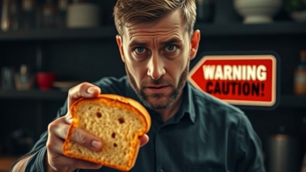 Hidden danger in bread concept with warning sign.