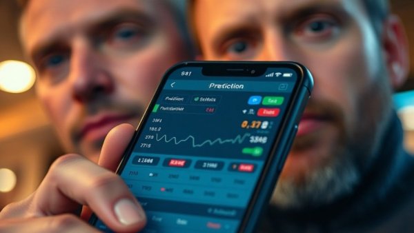 Prediction markets app displayed on phone with serious man beside.