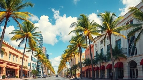 Vibrant Miami scene with palm trees and art deco buildings under clear sky.