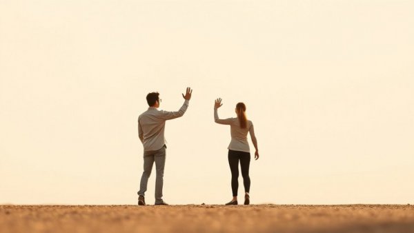 Minimalistic scene of long-distance waving emphasizing space and distance.