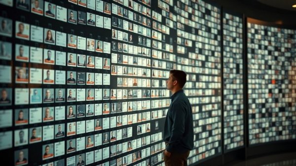 Man facing digital wall of ID cards illustrating age verification laws.