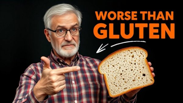 Concerned man pointing at pixelated bread with hidden danger sign.