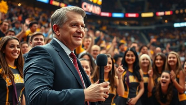 Broadcaster amidst cheerleaders at a vibrant March Madness event.