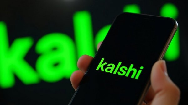 Close-up of smartphone with Kalshi logo, highlighting election wagering.