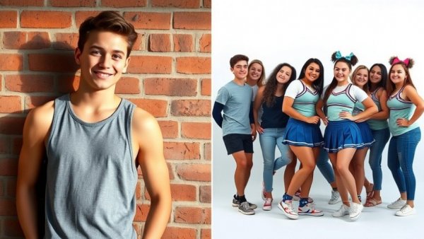 Collage of young man in tank top and group of cheerful teens