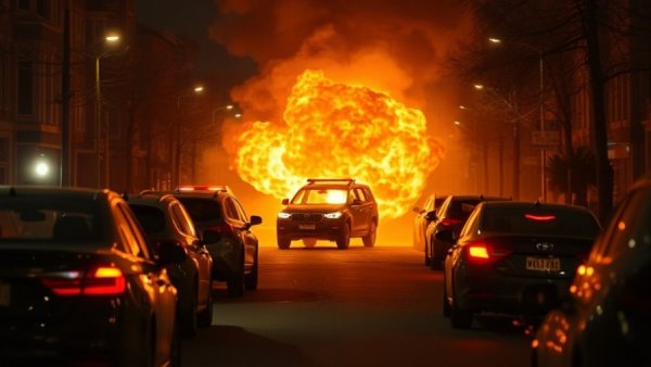 Explosion aftermath on Tel Aviv street with emergency lights, Iran missile strike.