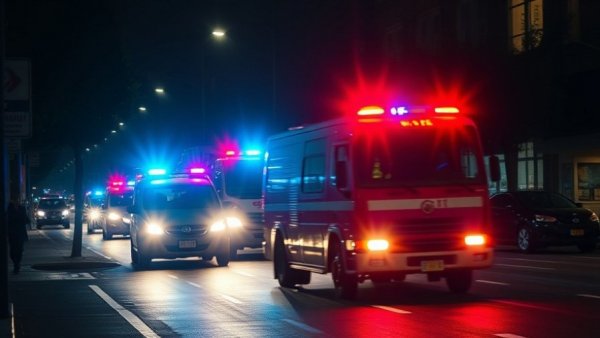 Emergency vehicles responding to Austin Children Fire at night.