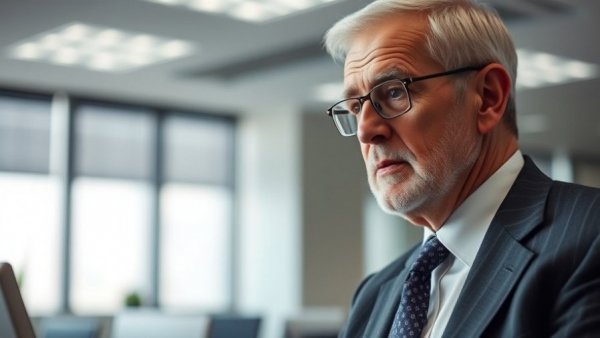 Serious older man discussing in a formal office setting.