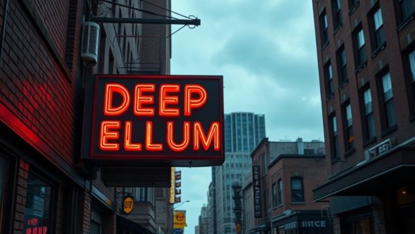Retro 'Deep Ellum' neon sign in urban area.