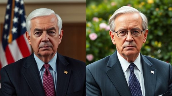 DHS funding negotiations image with two serious older men in suits, one indoors with a US flag, another outdoors.