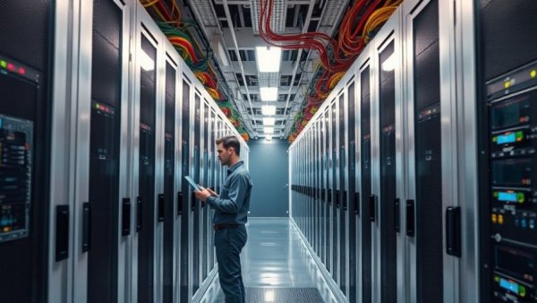 Modern data center corridor near Samsung's factory with technicians working.