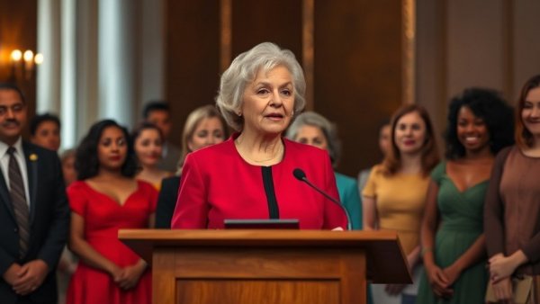 Older woman speaking at an event, surrounded by audience.
