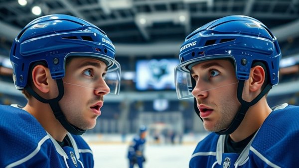 Fleury's crazy bounce: surprised hockey players, ice rink.