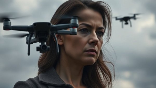 Drone terror threats discussed by serious woman; drone in cloudy sky.