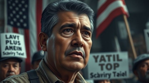 Illustration of Cesar Chavez with protest signs and American flag.