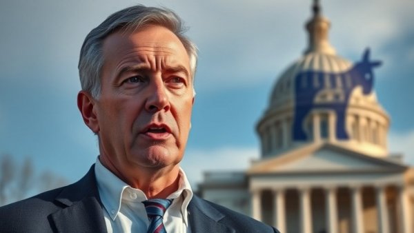 News in the US: political analyst with Capitol and Democratic symbol.