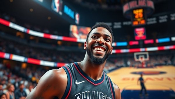 Smiling basketball player during NBA game highlights.