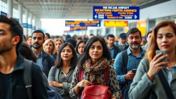 Travelers waiting at busy Terminal C, highlighting long TSA wait times at Bush Airport.