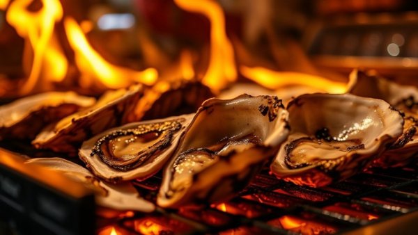 Char-grilled oysters sizzling on a grill in New Orleans restaurant.