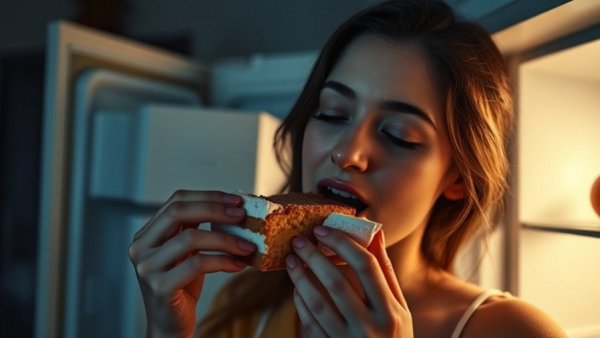 Young woman enjoying cake at night near fridge, health and wellness.