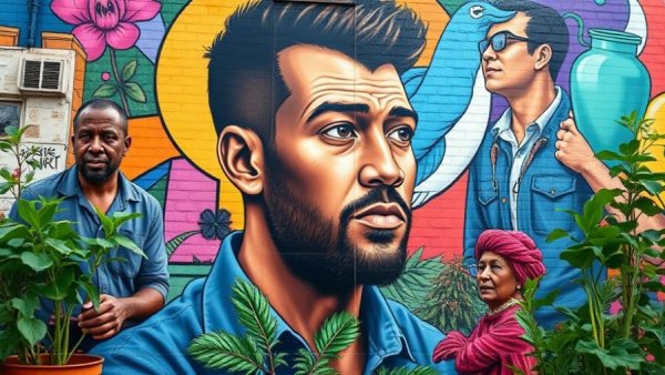 Mural of man with workers and plants, César Chávez theme, colorful.