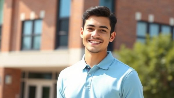 Young man smiling in light blue shirt outside brick building.