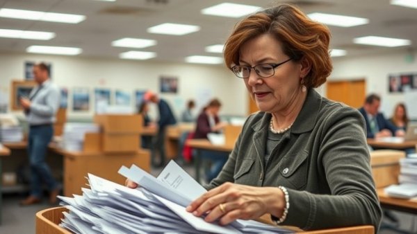 Female worker sorts mail-in ballots amidst voting restrictions.