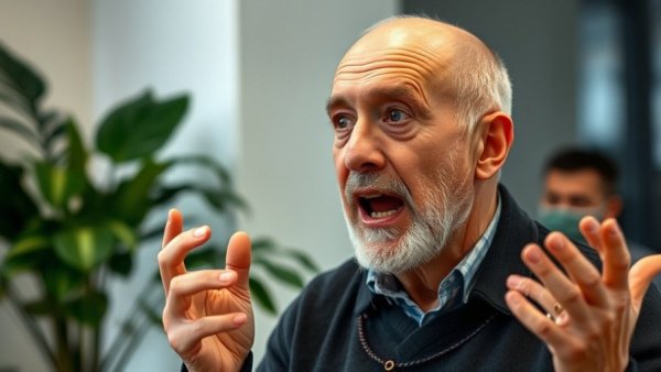 Bald man discussing health indoors, focus on mental wellness for seniors.