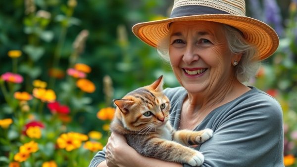 Elderly woman holds cat in vibrant garden