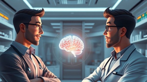 Two animated men discussing longevity advice in a futuristic lab.