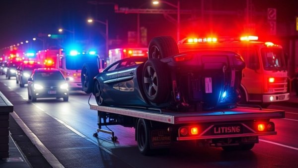 San Antonio traffic accident news: overturned vehicle being towed at night.