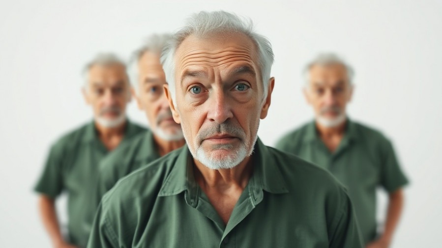 Abstract portrait of an older man practicing sleep meditation with a curious expression.