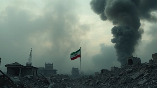Iran regime confusion analysis with smoky landscape and flag.
