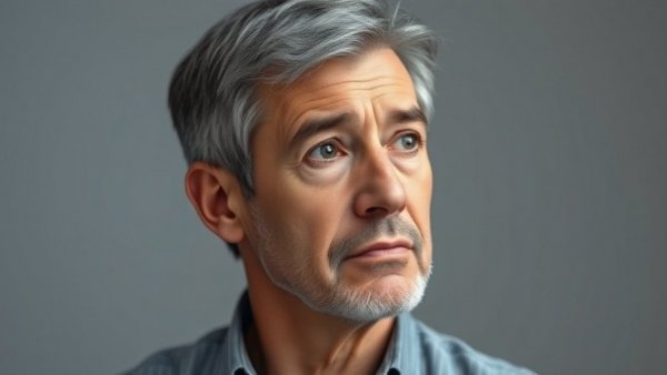 Contemplative middle-aged man, simple background.