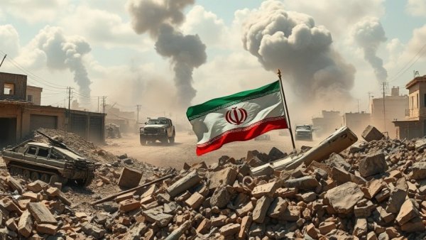 Iranian flag amid smoke and rubble depicting Iranian regime confusion.