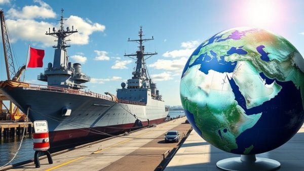 Digital collage of military ship and globe, strategic analysis theme.