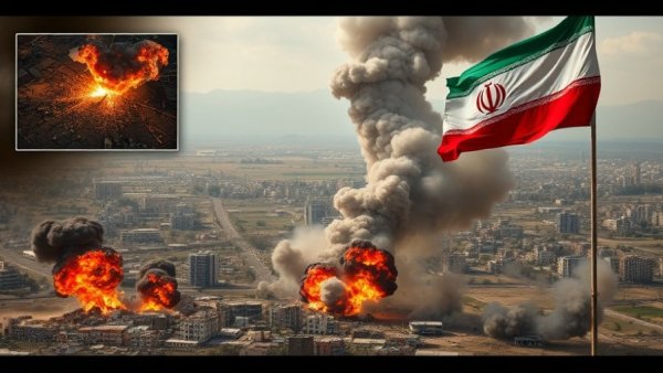 Iranian regime confusion depicted in news montage with explosion and flag.