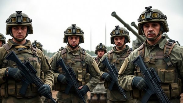 Soldiers in camouflage with rifles at a military site, overcast day.