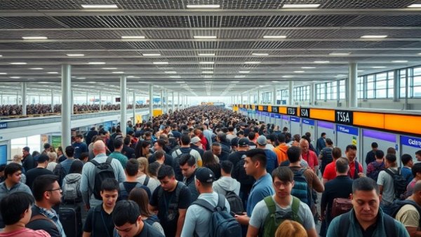 Long TSA lines at Houston airport with many travelers.