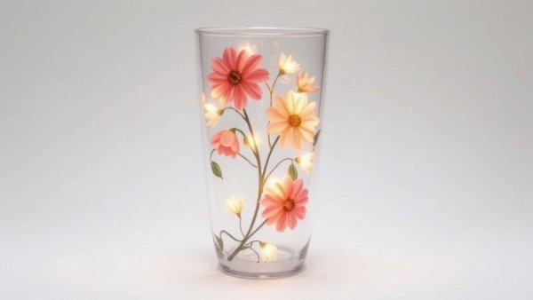 Colorful light-up tumbler with floral design on plain background.