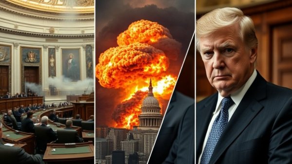 Collage of US Senate, city explosion, stern expression, SAVE America Act.