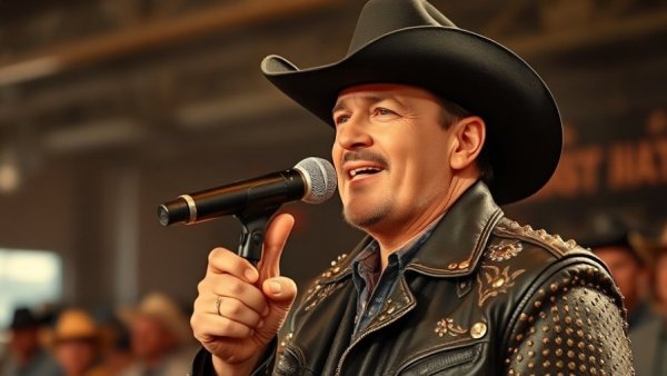 Houston Rodeo performer singing energetically on stage.