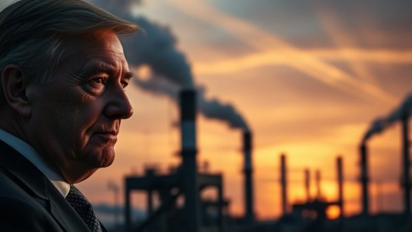 Political leader with oil refinery backdrop, highlighting energy concerns.