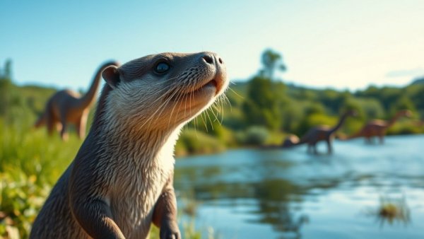 Cinematic view of a prehistoric otter by a lake with a Cretaceous landscape.