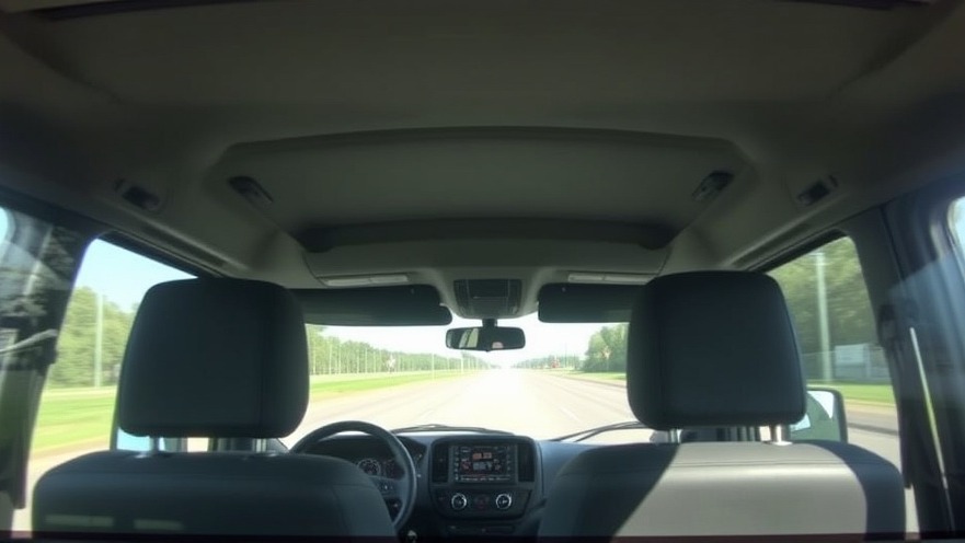 View from the backseat of an autonomous vehicle, showcasing electric trucks in freight transportation.