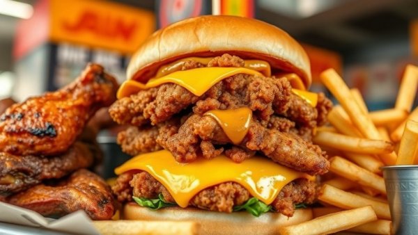 Towering fast-food burger with fries and wings, highlighting ultra-processed foods.