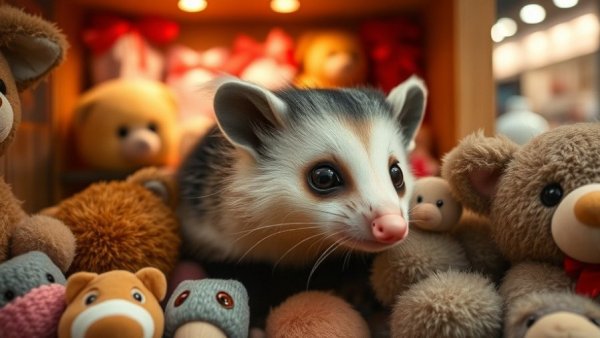 Live possum peeking in airport gift shop display.