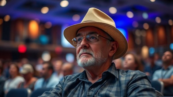 Middle-aged man in a hat at an indoor event, relaxed expression.