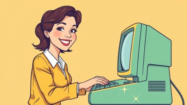Vintage illustration of a woman typing on a retro computer.