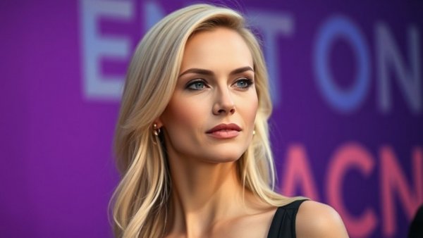 Elegant woman at event with serene expression and vibrant background.